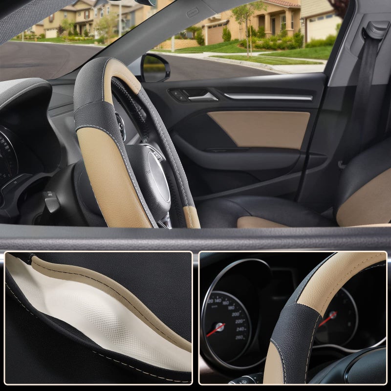 SEG Direct Car Steering Wheel Cover for Prius Civic Model 3 Model Y Camaro, Small Size 14-14.25 inch, Black and Beige Microfiber Leather - Image 3